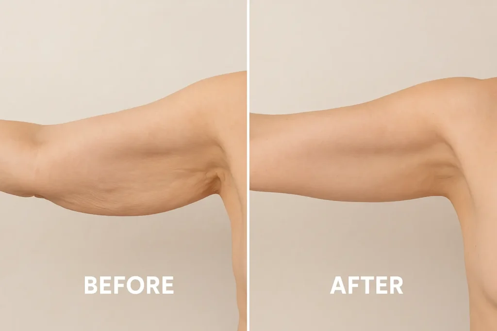 Picture of LA LIPO Upper Walthamstow before and after results of skin tightening treatment on the upper arms.