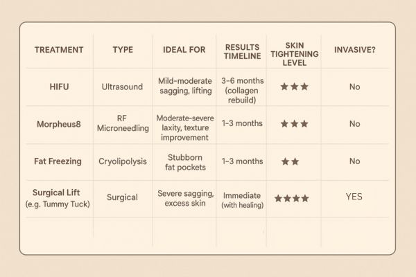 Table showing the comparisons of Skin tightening Upper Walthamstow treatment options.